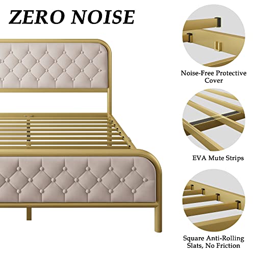 Ipormis Queen Metal Platform Bed Frame, Vintage Upholstered Bed Frame With Button Tufted Headboard & Footboard, Heavy Duty Steel Slats, 12" Underbed Space, Easy Assembly, Noise Free,Gold And Beige #TOP7