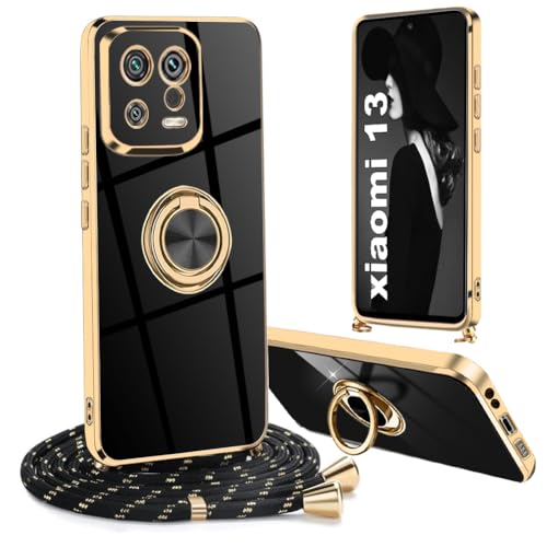 Ptny Handyhülle für Xiaomi 13 4G Hülle mit Band 360° Ring Ständer Schutzhülle, Galvanik TPU Silikon mit Kordel Stoßfest ...