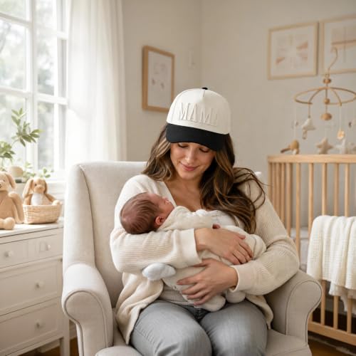 Image of Women's Mama Trucker Hat Trendy, Embroidered Adjustable Mom Baseball Cap, Two-Tone Ponytail Hat for Outfits