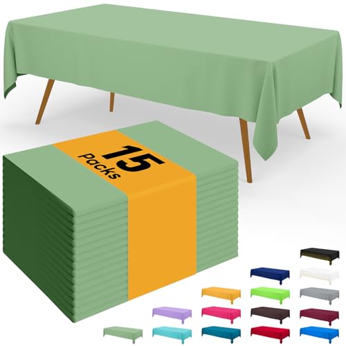 Image of Smiry Disposable Table Cloth - 15 Pack, 54 x 108 Inch Waterproof Rectangle Tablecloths for Parties, Decorative Plastic Table Cover, Leakproof & Sturdy, Sage Green