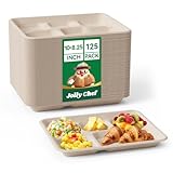 JOLLY CHEF Small Compostable 5 Compartment Paper Plates 10 * 8.25 * 1 inch 125 Pack Disposable Eco-Friendly Biodegradable Food Trays for Primary and Secondary School Students’ Lunch (Brown)