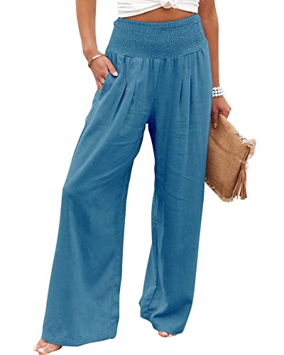 Kubbon Cotton Linen Pants for Women Wide Leg High Waist Pants Casual Stretchy Palazzo Trousers with Pockets Summer Clothes