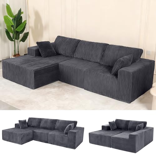 Image of L Shaped Modular Boneless Sectional Couches for Living Room, Wide Armrest, Deep Seat, Memory Foam, Assembly Free, Modern Comfy Corduroy Fluffy Cloud Sofa with Left Chaise, Grey