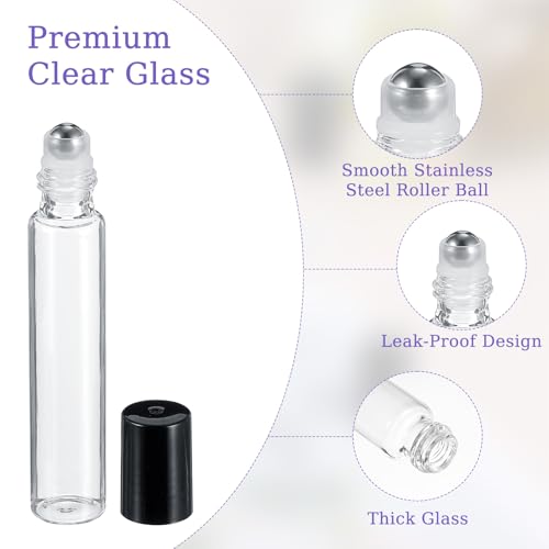 48 Pack Roller Bottles for Essential Oils, 10ml Clear Glass Roller Ball Applicator Leak Proof Empty Roll on Bottles With Lid for Travel Essential Oil4
