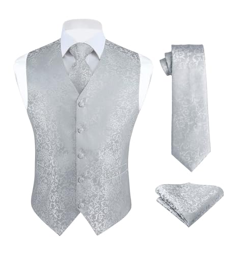 Image of HISDERN Mens Vest Tie Set 3PC Formal Waistcoat Paisley Floral Jacquard Necktie Pocket Square Suit Vests Wedding Party