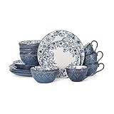Pfaltzgraff Gabriela Blue 16-Piece Dinnerware Set, Service for 4, Durable Stoneware Plates, Bowls, and Mugs with Elegant Blue Pattern, Dishwasher Safe