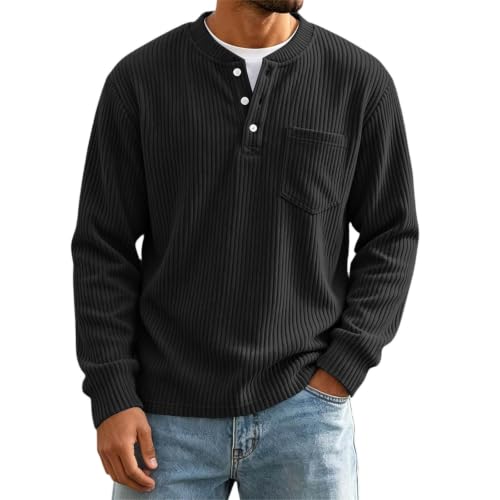 Mens Corduroy Shirt Henley Long Sleeve Button Down Pullover Shirts Pocket - image 2