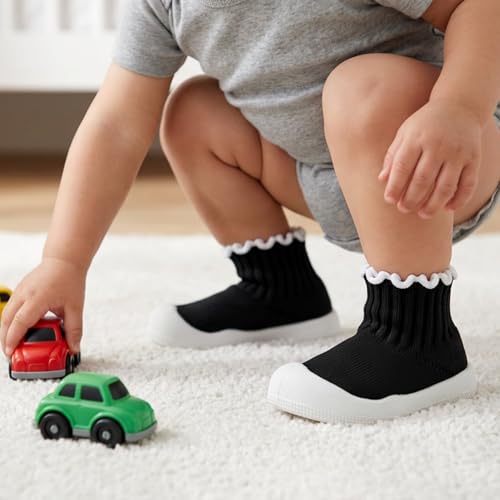 EUFANCE Baby Girl Sock Shoes Toddler Ruffle Walking Shoes Infant Non-Slip Slippers Soft Rubber Sole Sneakers Lightweight Breathable Barefoot Shoes Black - Thumbnail 2
