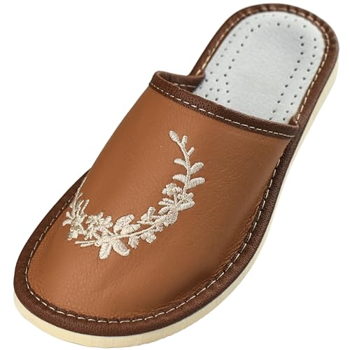 APREGGIO Chaussons Femme Cuir - Pratique Chaussons Cuir Adulte - Fabriqué à la Main Pantoufles Femme Confort – Marron 39