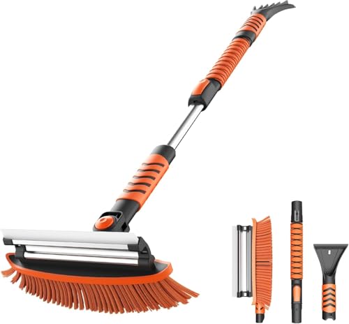 VOLTASK 42-Inch Snow Brush and Ice Scraper with Squeegee, Extendable Aluminum Handle, Pivoting Brush Head, Ergonomic Foam Grip, 3 in 1 Snow Removal Tool for Car, Truck, SUV