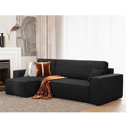 lestockdesign Canapé d'angle Lisa Convertible réversible Coffre Velours côtelé Noir