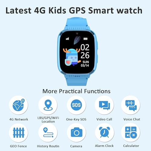 Image of 4G Kids Smart Watch with GPS Tracker & Video Calling Texting Kids Smart Watch Boys Age 5-12, 12 /24 Hr SOS Call Voice Chat Alarm Clock Camera Pedometer Sport Mode Boys Gifts (Blue)