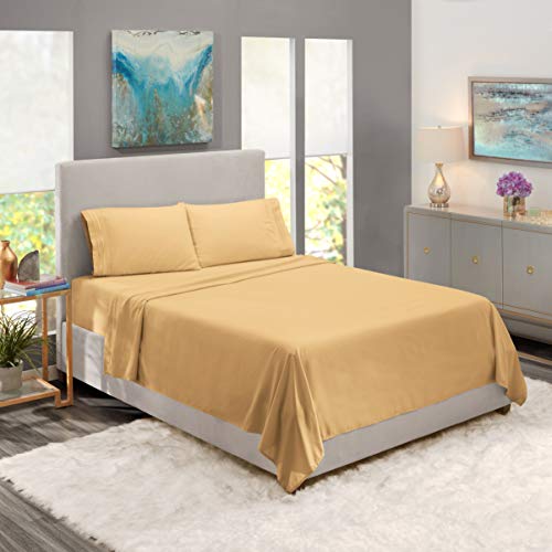 Image of Nestl Split King Bed Sheet Set - Camel Gold - 5-Piece Deep Pocket | Instantly Soft, Night-One Ready (No Wash Required). Fits 16-Inch Deep Pockets, 360-Degree Elastic Grip