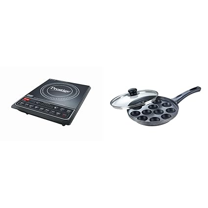 Prestige PIC 16.0+ 1900- Watt Induction Cooktop with Push Button (Black) + Prestige Omega Select Plus Non-Stick Paniyarakkal with Lid (240 mm, Black)- Gas Top Compatible only