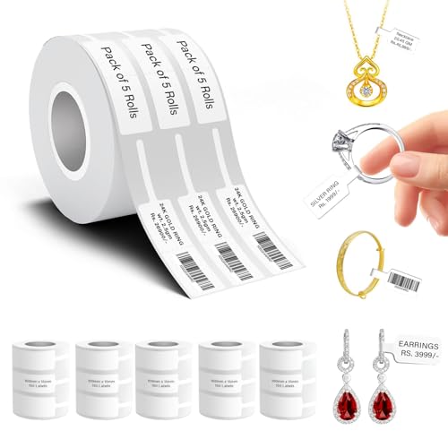 Image of Seznik Jewellery Thermal Labels - 14.3mm x 100mm, Waterproof, Non Tearable, Direct Thermal, 150 Labels /Roll, for 2 to 4 Inch Printers, White, for Jewellery Tagging, 750 Labels