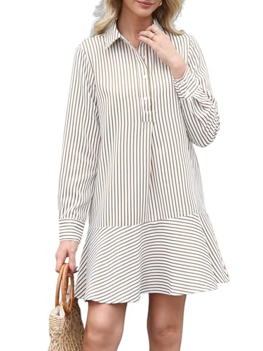Image of EZAPINE Womens Striped Shirt Mini Dress Long Sleeve Collared Ruffle Hem Button Up Tunic Flowy Swing Dresses