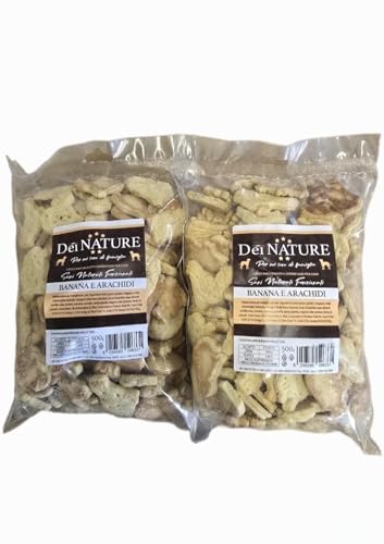 DEI NATURE Galletas para perros, plátano y cacahuetes, 2 paquetes de 500 g, grado humano, superalimento, aperitivos para perros, premio para perros