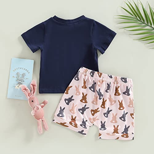 Image of BeQeuewll Toddler Baby Boy Easter Outfit Letter Bunny Print Short Sleeve T-Shirt and Shorts Summer Clothes Set