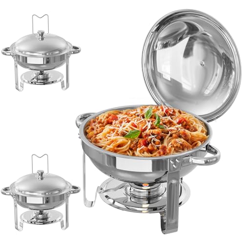 TLGREEN 3er Set Rund Chafing Dish Set 5L X 3, Wasserbad Speisenwärmer, Edelstahl Buffet Warmhaltebehälter, Suppe Chafing Dish für Catering, Buffets, Weihnachtsfeiern und Schulen