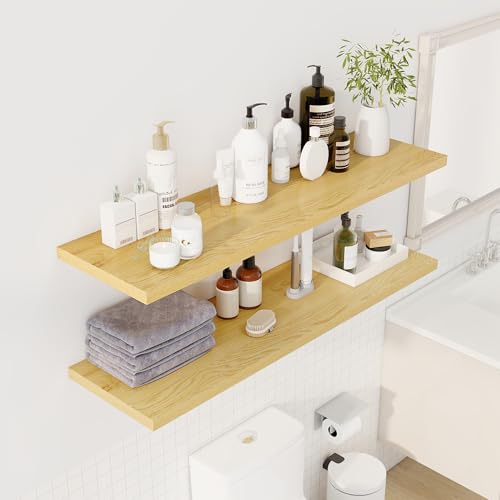 Image of Dreamland 48 inch Floating Shelves for Wall, 12 inch Deep Slim Oak Floating Shelves, Wall-Mounted Shelves for Bedroom, Living Room, Kitchen, Bathroom - Set of 2