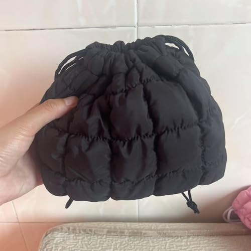 Drawstring Quilted Makeup Bag for Women Girls, Cute Puffer Skincare Cosmetic Organizer Case, Make up Pouch Purse, Portable Travel Toiletry Essentials and Accessories (Black)2