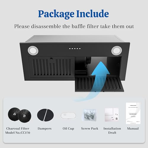 FIREGAS Black Range Hood Insert 30 Inch, 600 CFM Ducted/Ductless Convertible Built-in Kitchen Vent Hood, Stainless Steel Stove Hood with 3 Speed Exhaust Fan & Baffle Filters