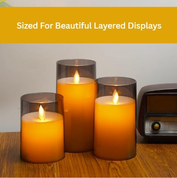 LTETTES Flameless LED Candles Set of 3 (H-4", 5", 6" x D-3") | Grey Acrylic Fiber Glass Pillar Candles with Remote | Battery Operated | Home Décor, Wedding, Festival Lighting 2