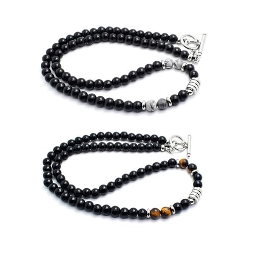 IBXWMNG Lot de 2 Collier Homme Femme Collier en obsidienne avec Perles œil de tigre et Jaspe Collier en agate en Pierre Naturelle