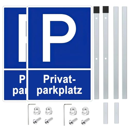 2 Pieza Cartel de Estacionamiento Privado con Poste de 90 cm de Alto - Señal Reflectante de Aluminio 20 x 30 cm, Señales de Estacionamiento, Fáciles de Instalar, Visibles y Resistentes a la Intemperie