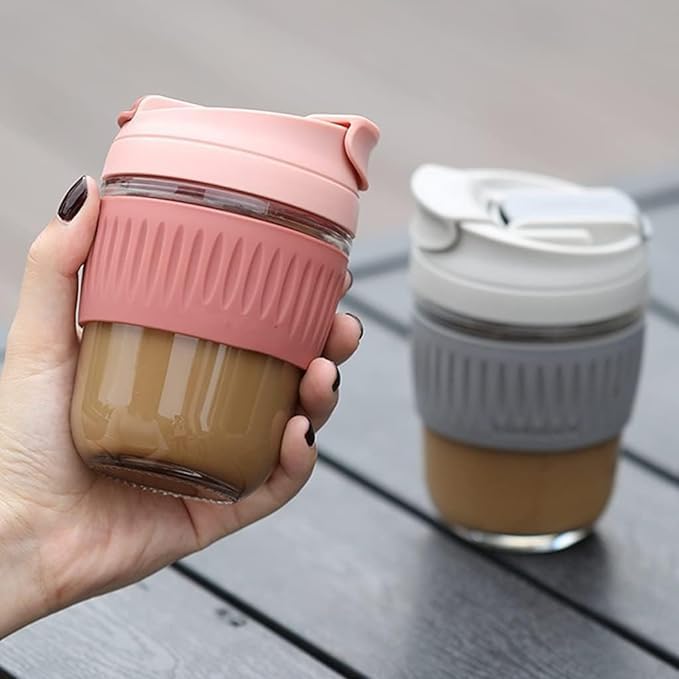 Image of Leak-Proof and Stylish Glass Travel Coffee Mug - Reusable Glass Tumbler with Lid and Straw, Ideal for Hot and Cold Beverages, Smoothies, Juices, Iced Drinks - Pack of 1