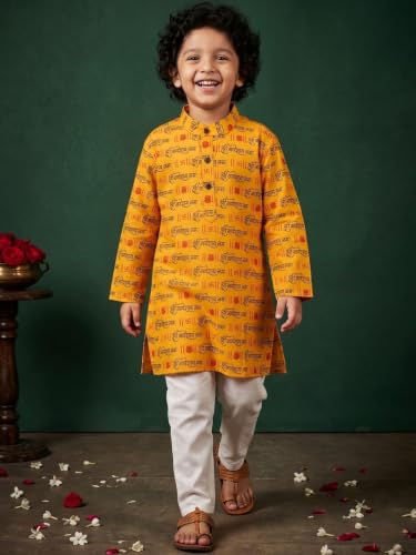 Image of AJ DEZINES Boys Cotton Full Sleeve Letter Printed Kurta Pajama Set for Kids - Ethnic wear | Special Occasion & Traditional Outfit |Boys Kurta Set - Regular Fit