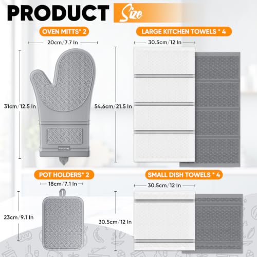 Silicone Oven Mitts and Pot Holders Sets, Baking Kitchen Gloves/Hot Pads 500°F Heat Resistant with Non-Slip Silicone Grip Surface, Includes 2 Cooking Mitts/2 Potholders/4 Kitchen Towels/4 Dishcloths - image 2