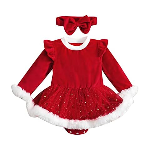 Christmas Baby Girl Romper Infant Lace Velvet Long Sleeve One-Piece Bodysuit Playsuit Winter Warm Xmas Party Clothes (Red Velvet,0-6 Months) Cover