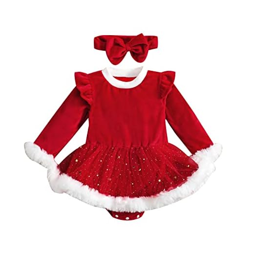 Vestido Navidad Bebé Niña Vestido Navideño de Recién Nacida Body Rojo de Terciopelo con Volantes y Manga Larga Top Mameluco de Lentejuelas con Dobladillo de Felpa + Diadema (Rojo, 6-12 Meses)