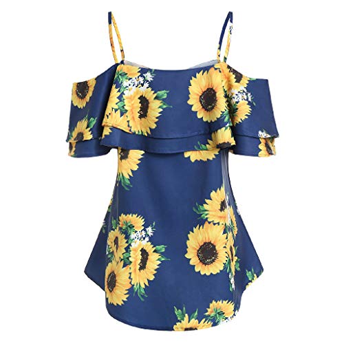 TWGONE Ruffles Dresses for Women Vintage Sunflower Printed Camis Short Sleeve Cold Shouder Blouse(Small,Blue)