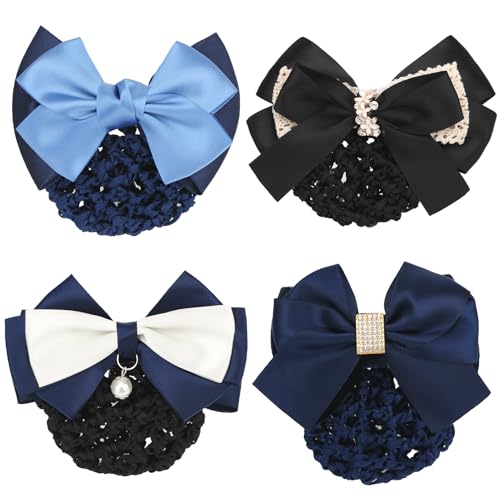 kilofly 4pc Women's Two-Way Snood Net Bow Barrette Hair Clip Bun Cover Set