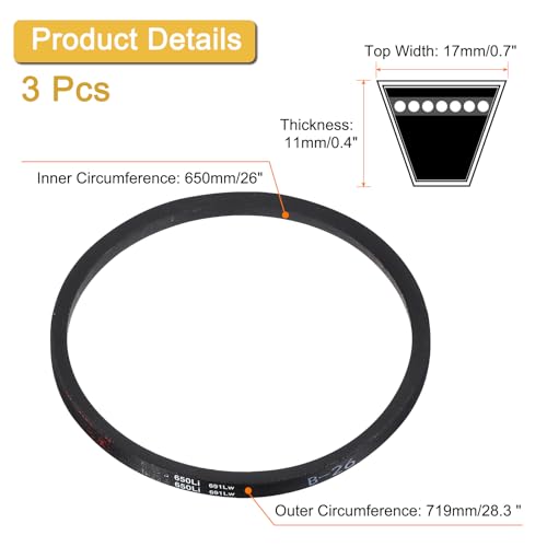 Image of uxcell 3 Pack B26 Classic Wrapped V-Belt, 28 inch Outside Circumference Wrapped Industrial Rubber V-Belt B Profile V-Belt for Industrial Machinery Equipment, Black