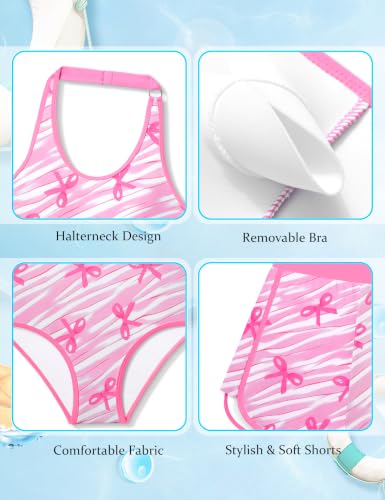 Image of Girls Swimsuit One Piece Swimsuits Color Block Bathing Suit for Girls Adjustable Strap Padded Swimwear with Shorts