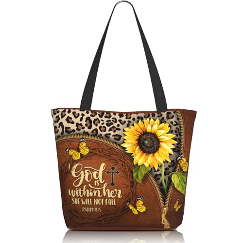 Nebcog Bible Tote Bags for Women Sunflower Christian Tote Bag Catholic Gifts women Church Shoulder Bag Inspirational Bags With Zipper Christian Gift Spiritual Jesus Religious God Religious Gift