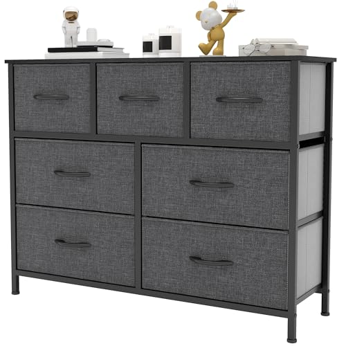 YITAHOME Comoda 7 Cajones,Cajonera de Tela,Sinfonier,Robusta Estructura metálica,Cómoda con Tapa de Madera,Negro y Gris