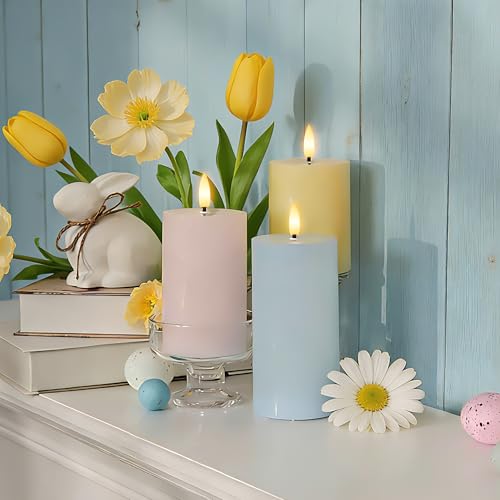 Image of Flameless Easter Candles with Remote, Battery Operated Pastel Spring Candles for Home & Table Decor, Realistic Flickering LED Pillar Candles for Easter & Spring Decor Set of 3