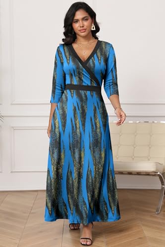 Image of FANDEE Maxi Dresses for Women Long 3 /4 Sleeve Flowy Casual V Neck Empire Waist Dress with Pockets Blue Stripe
