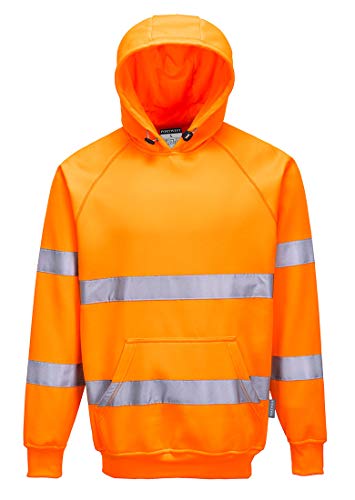 Portwest B304 Hi Vis Hoodie Mens EN ISO 20471 Class 3 Hooded Reflective Bio Motion Tape 40 Plus UPF Work Hoodies Polycotton 300g Brushed Back Kangaroo Pocket Warehouse Construction Orange L
