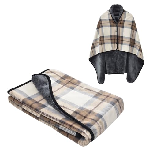 SIVENKE Poncho de mujer con forro de felpa portátil, manta a cuadros cómoda, poncho de felpa, manta, abrigo, chal, funda envolvente, capa con botones para cama, sofá, oficina
