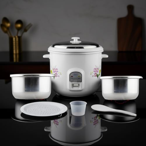 Image of easy Electric Rice Cooker (2.8L) with Tadka Pan & 2 Stainless Steel Pots - 1000W Automatic Cook, Steam & Warm - Floral Design - Ideal for Rice, Biryani, Dal Tempering & Steaming