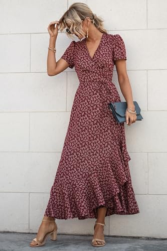 PRETTYGARDEN Women's Summer Maxi Dress Casual Wrap Floral Boho Short Sleeve V Neck Split Ruffle Beach Long Dresses
