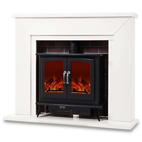 INMOZATA Electric Fire and Surround & Chimney, Freestanding Electric Fireplace with 7 Day Programmable Remote Control 1&2kW, 7 Flame Colours, Adjustable Temperature, Timer, Log Set