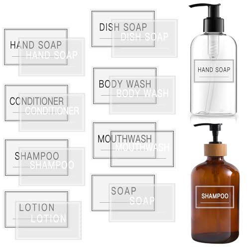 64 PCS Clear Waterproof Labels for Bottles Minimalist Farmhouse Bathroom/Kitchen Hand Soap Dispenser Label Set Transparent Cleaning Labels for Soap Lotion Shampoo and Conditioner