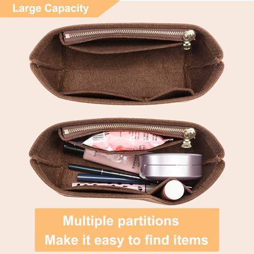Image of Doxo Small Purse Organizer Insert for Handbags, Felt Neverfull BB Organizer Insert,Mini Tote Bag Organizer with Zipper Pocket, Fit Neverfull BB Longchamp Xtra Energy S and More, Brown-XS