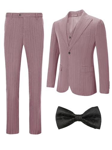 Pinstripe Tuxedo Suits for Men Regular Fit Peaked Lapel Wedding Party Dinner Stripe Suit Blazer Vest Pants Bow Tie Set